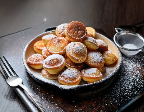 tasty mini dutch poffertjes pancakes topped with light powdered sugar