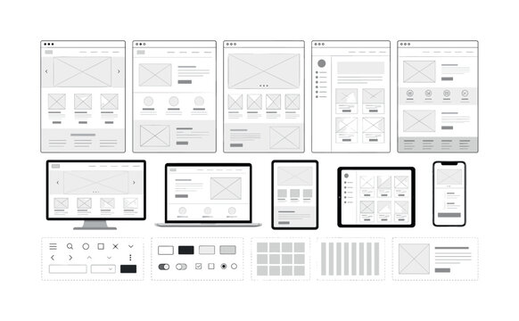 Website wireframe layouts for desktop, tablet, and mobile devices