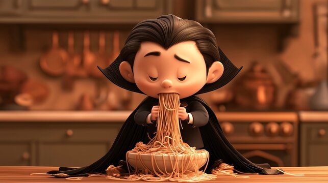 Child vampire eats spaghetti from a bowl in a cozy kitchen while wearing a black cape and looking sleepy, a playful Halloween food scene.