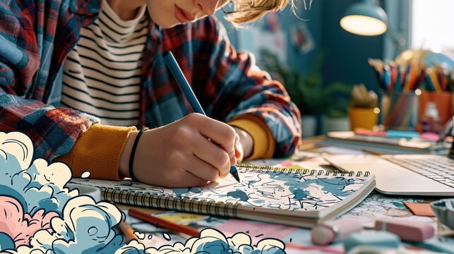 Student drawing in a sketchbook at a desk with a pen, laptop, lamp, and art supplies in a creative study space.