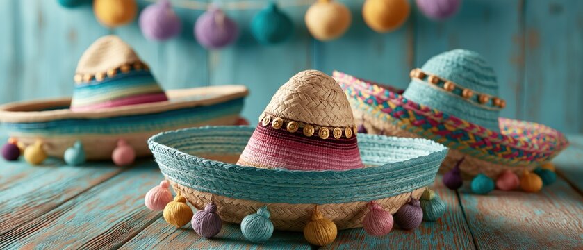 Sombreros and colorful hanging decorations on a turquoise wooden table with copy space for Cinco de Mayo or Mexican party celebrations.
