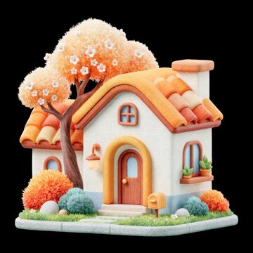 Whimsical cottage icon with orange roof, flowering trees, potted plants, and a small front yard on a black background