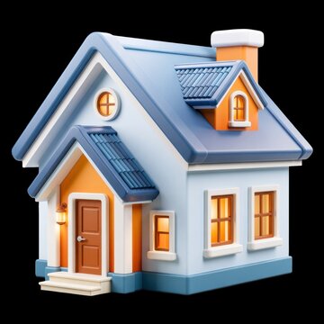 Toy house icon model with blue roof, orange accents, lit windows, and front door isolated on a black background.