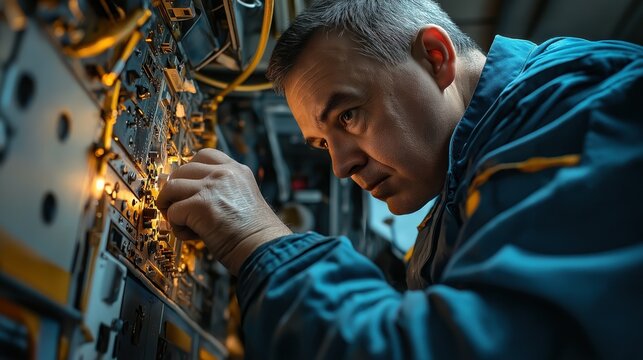 Astronaut repairing a spacecraft control panel with focused hands-on maintenance inside a dimly lit spacecraft interior.