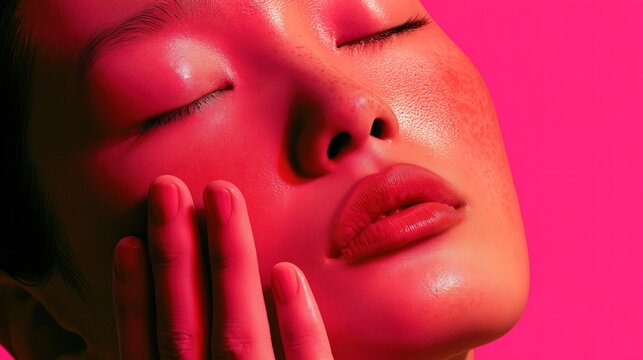 Woman receiving facial massage with closed eyes and glossy skin against a pink background, showing skincare and self-care relaxation concept.