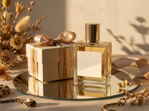 Glass perfume bottle with gold cap and gift box on reflective mirror north america art.