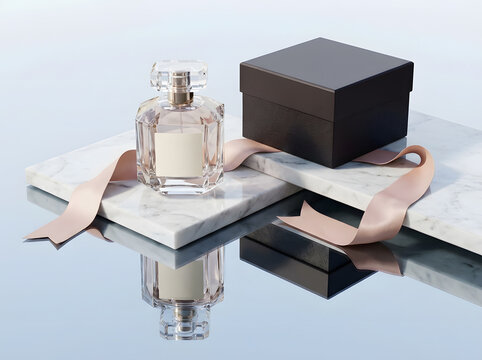 Glass perfume bottle with ribbon and box on marble slabs in North America studio set.