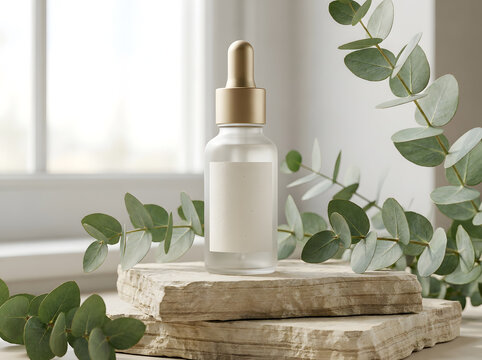 Glass serum bottle on stone podium with green eucalyptus leaves in north america home.