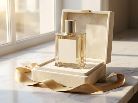 Golden perfume gift set on marble shelf in bright sunny room across North America area.