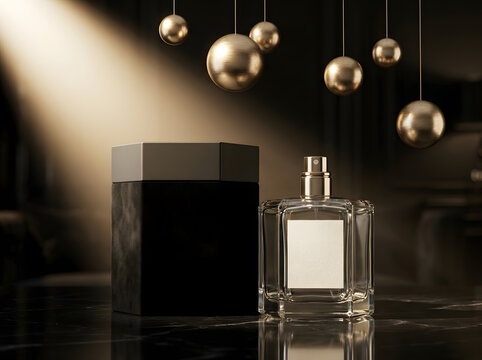 Hexagonal perfume bottle with gift box and floating golden spheres in dark studio.