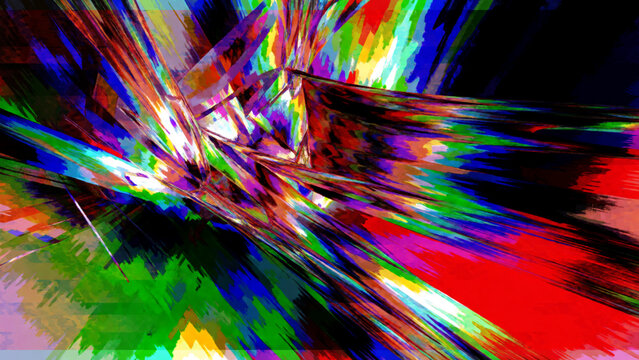 Abstract multicolor digital glitch explosion with painterly motion streaks