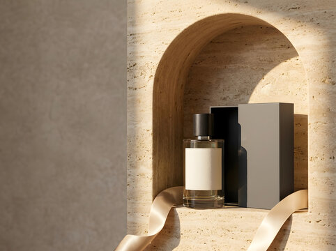 Luxury perfume bottle display with silk ribbon set on travertine stone background.