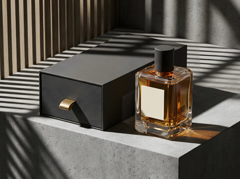 Luxury perfume bottle and sliding gift drawer on concrete base for North America sale.
