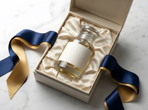 Luxury perfume bottle in cream velvet box with silk ribbons inside North America home.