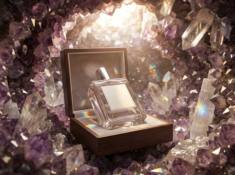 Luxury perfume bottle in wooden box surrounded by amethyst and white quartz crystals.