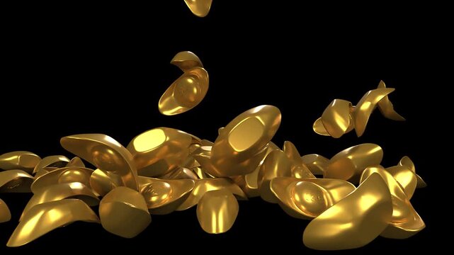 Golden chinese yuanbao ingots falling and piling up on black background