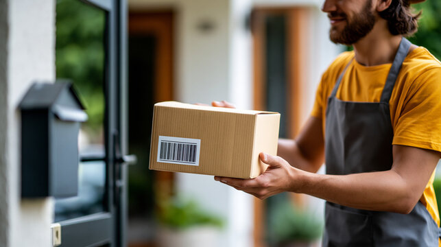 Delivery man bringing a package to a residential building doorstep, reliable local shipping service, with copy space