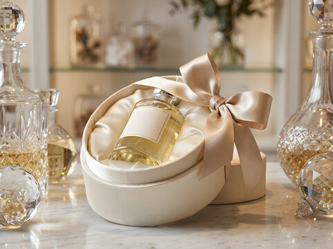 Luxury perfume bottle inside round gift box with silk bow found in north america.
