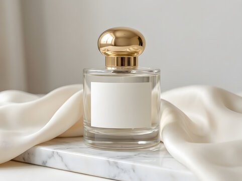 Luxury perfume bottle on marble surface with soft silk fabric for North America sales.