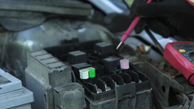 Checking fuses in a car engine compartment during a repair process