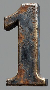 Old metal number one with rusted texture. Heavy iron digit shows signs of decay, corrosion. Grey industrial surface features scratches, orange stains. Worn steel character stands against plain
