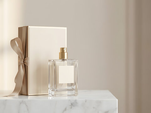 Minimalist perfume bottle beside a gift box on a marble surface in North America studio.