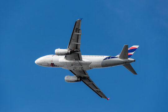 A LATAM Airlines plane taking off from Santos Dumont Airport in Rio de Janeiro, Brazil.