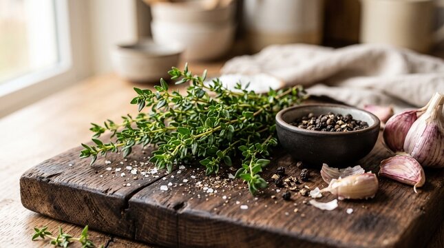 Fresh thyme sprigs with garlic and peppercorns on a rustic wooden cutting board