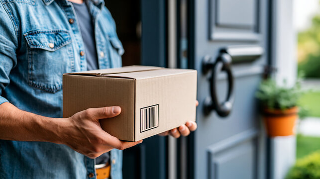 Cardboard box mockup held by a delivery man at the front door, blank packaging for e-commerce branding, with copy space