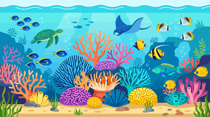 Fototapeta premium Vibrant underwater world with colorful coral reefs, exotic tropical fish, and sea turtles swimming in the clear blue ocean