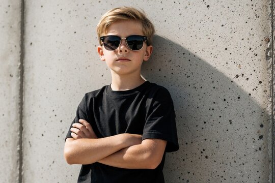 Cool young boy wearing sunglasses, black t-shirt poses with arms crossed. Confident child stands against gray concrete wall in urban setting. Stylish kid shows cool attitude, modern street style