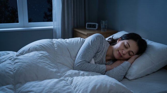 Woman peacefully sleeping in bed at night