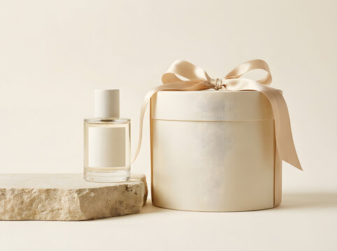 Minimalist perfume bottle with round gift box on stone platform in North America set.