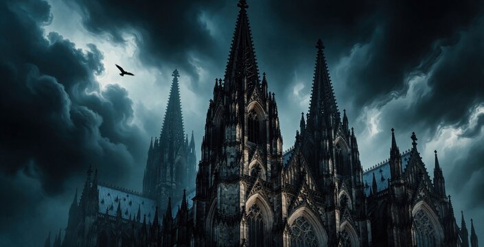 Dark gothic cathedral stands under dramatic swirling clouds. Towering spires reach towards moody sky. Solitary bird flies near ancient stone architecture. Eerie atmosphere fills mysterious historical