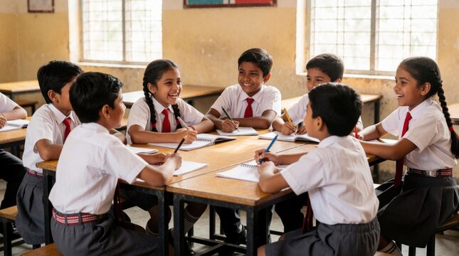 Indian schoolchildren in uniform learn together at desks. Young students write notes, engage in discussion, and smile during class. Education in India, classroom activities, teamwork, and learning.