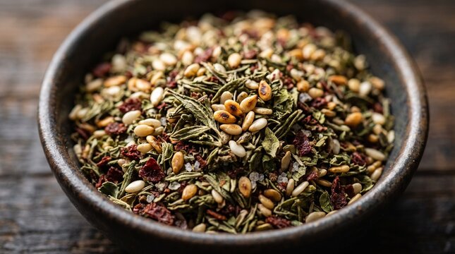 Za'atar spice blend in a rustic bowl with dried herbs and seeds