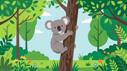 Cute Koala Bear Climbing a Tree in a Lush Green Forest Vector Illustration © Tayyab