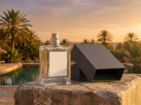 Modern perfume bottle on stone plinth at desert oasis resort during golden hour glow.