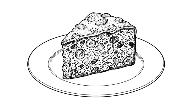 Detailed illustration of a slice of fruitcake on a plate