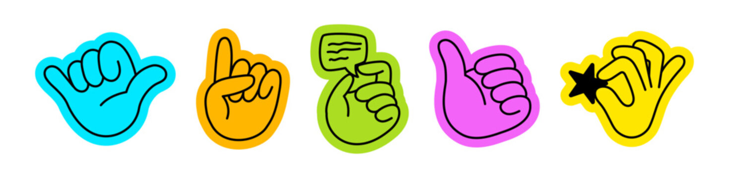 Vector set of icons and simple linear illustrations, hands and gestures, poster, logo, print design templates, hand drawn hands in minimal modern art style, stickers and patches