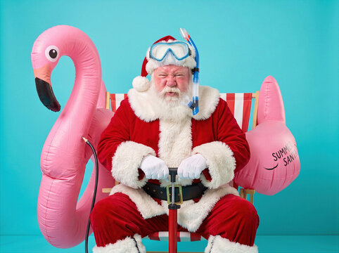 Funny Santa Claus on summer vacation inflating pink flamingo float with snorkel gear