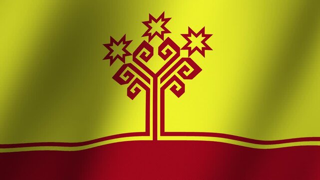 Flag of Chuvashia: The flag features a stylized tree of life with eight stars against a yellow field, bordered by a red stripe at the bottom. A symbol of national identity and cultural heritage.
