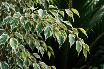 Obraz premium Variegated weeping fig branch with green leaves and white edges. Detail of houseplant foliage against dark background. Fresh botanical close-up.