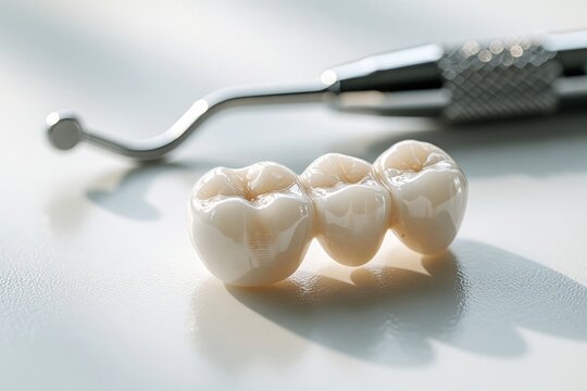 White dental bridge made of ceramic sits on table near metal medical instrument. Macro shot of artificial teeth prosthesis for oral restoration. Stomatology lab produces zirconium crowns for smile