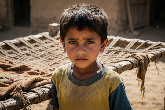 Young boy with sad eyes stands near traditional charpai bed in rural Pakistani village. Child looks directly at camera, showing innocence, hardship in sunlit dusty environment. Rural child portrait.