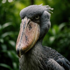 Obraz premium Close up portrait of Shoebill stork with large beak, intense eye. Grey feathers cover head, neck of unique avian species. Wild bird stands in green jungle foliage. Nature wildlife photography shows