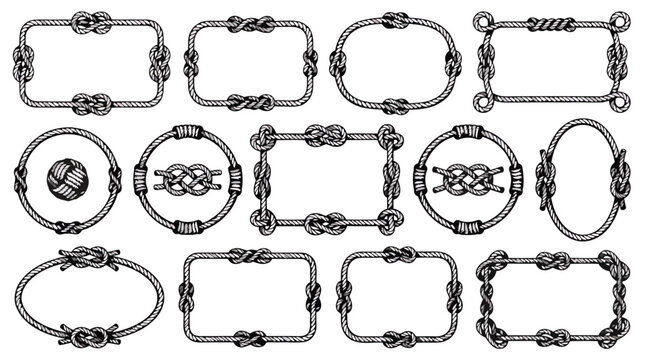 Set of nautical rope frames and borders with various knots