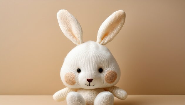 soft toy white hare handmade on beige background