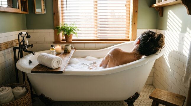 Person relaxing in a modern bathtub