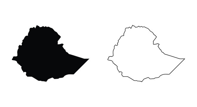 Set of ethiopia map silhouettes showing solid black shape and thin outline isolated on white background